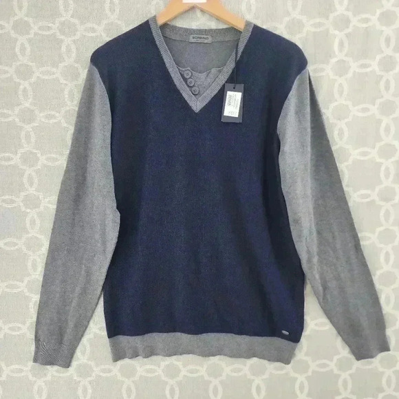 NWT Sorbino prima Linea V Neck Two Tone Viscose Blend Men's Sweater XL - Picture 1 of 10